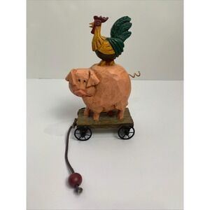 Vintage David Frykman The Barnyard Rooster Riding On Pig on Wagon Figurine